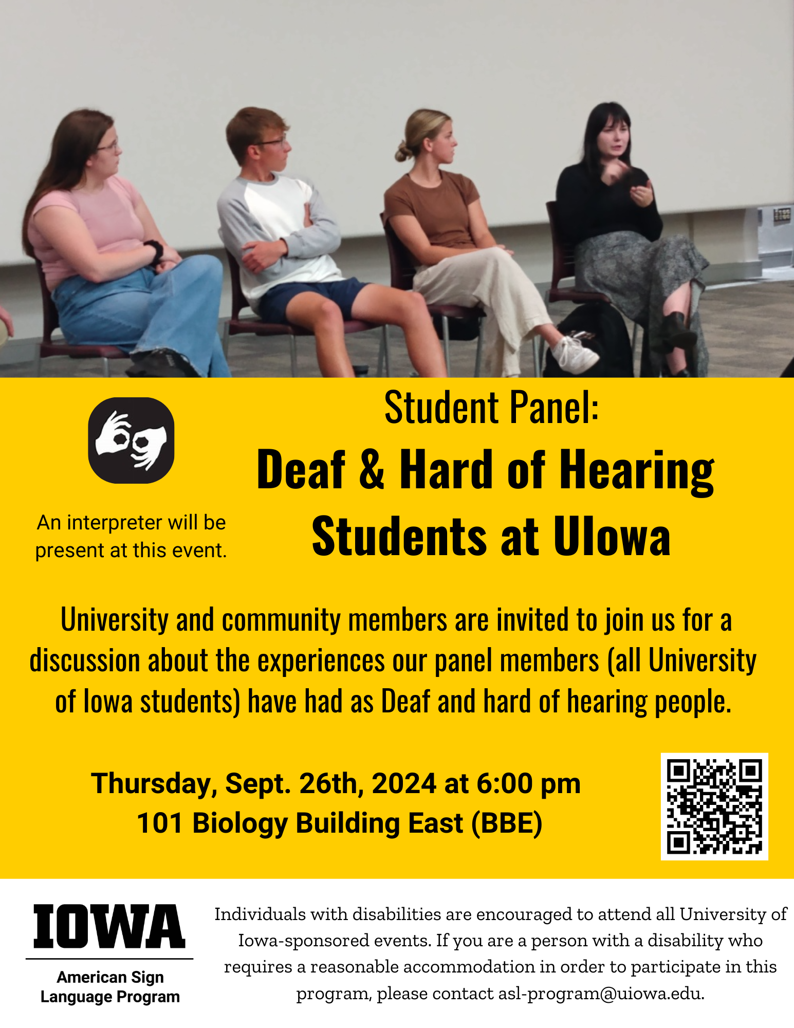 flyer for Deaf Week event "Student Panel: Deaf & Hard of Hearing Students at UIowa" on Thursday, Sept. 26th at 6:00 pm in 101 Biology Building East