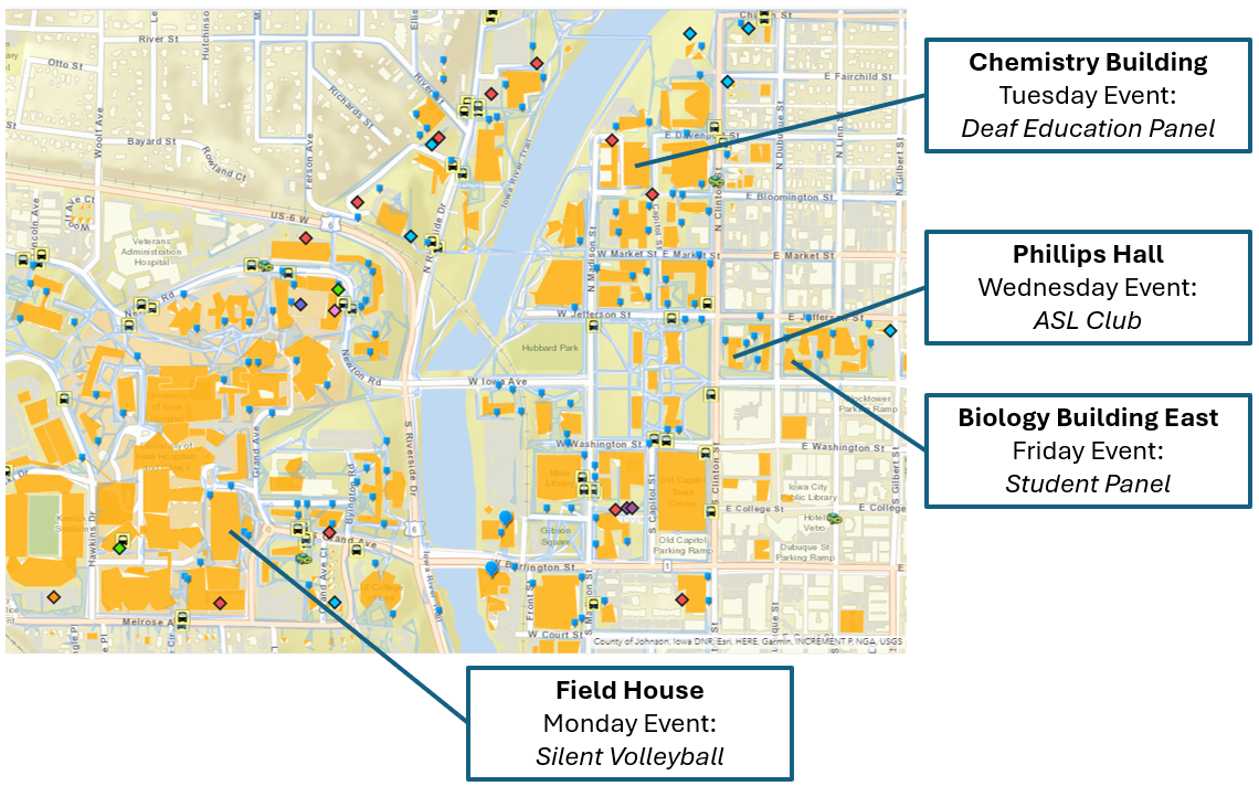 Map for Deaf Week events highlighting the Chemistry Building, Phillips Hall, Biology Building East, and the Field House