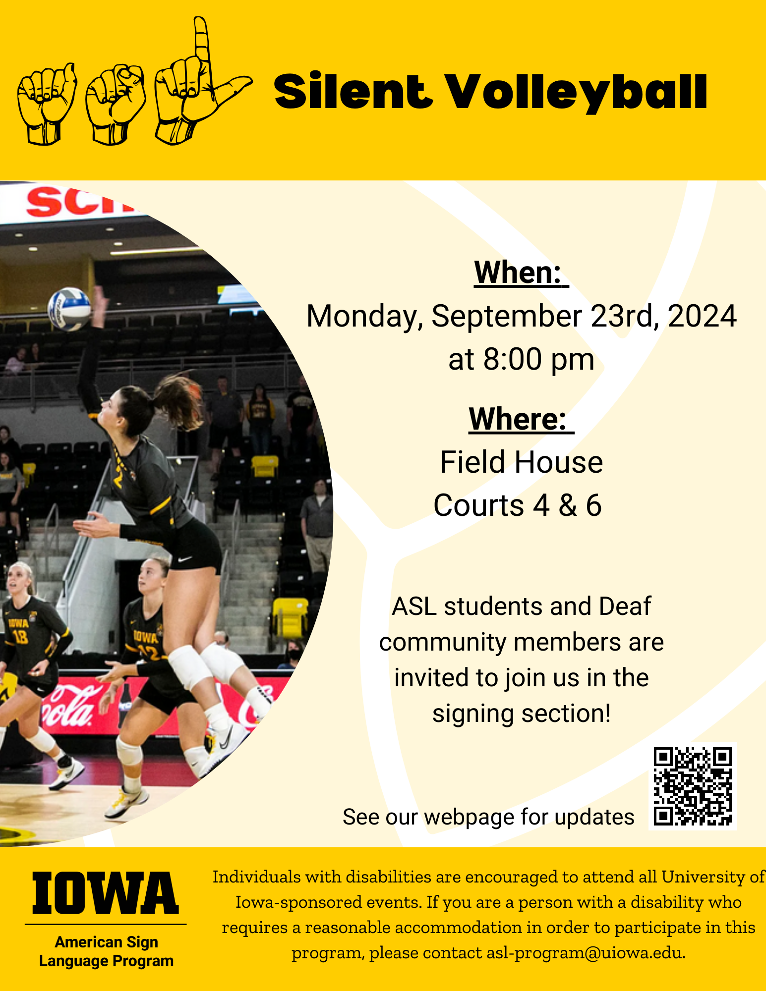 flyer for Deaf Week event "Silent Volleyball" in the Field House, courts 4 and 6 on Monday, Sept. 23rd at 8:00 pm